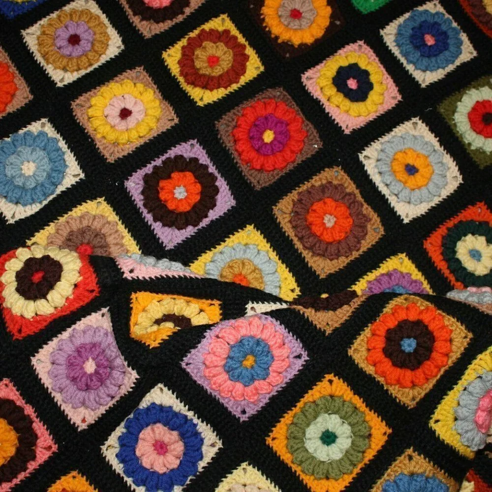 1960's 3D Flower Floral Afghan Granny Multicolor Crochet Blanket Handmade 62x78